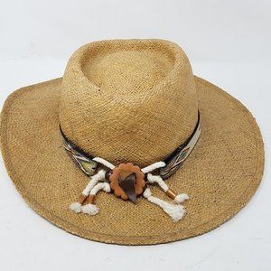Sima Int hat tan Gambler woven‎ rigid straw with Indian bead/cord band